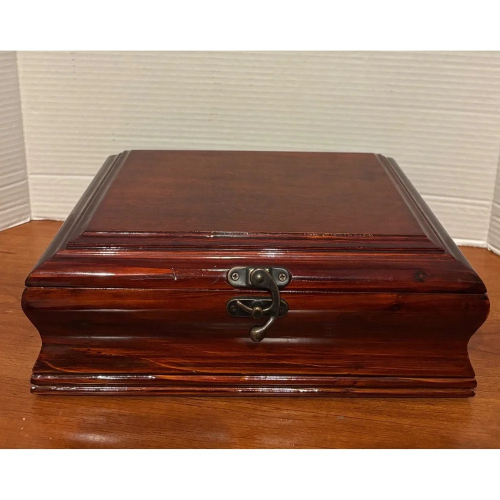 Vintage Wooden Keepsake Jewelry Box Cherry Finish Velvet Lined Brass Latch 11.5
